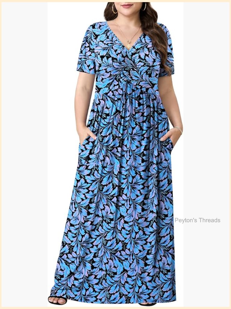Plus Size Maxi Dress Short Sleeve V-Neck With Pockets 1x-5x Casual Long Dress